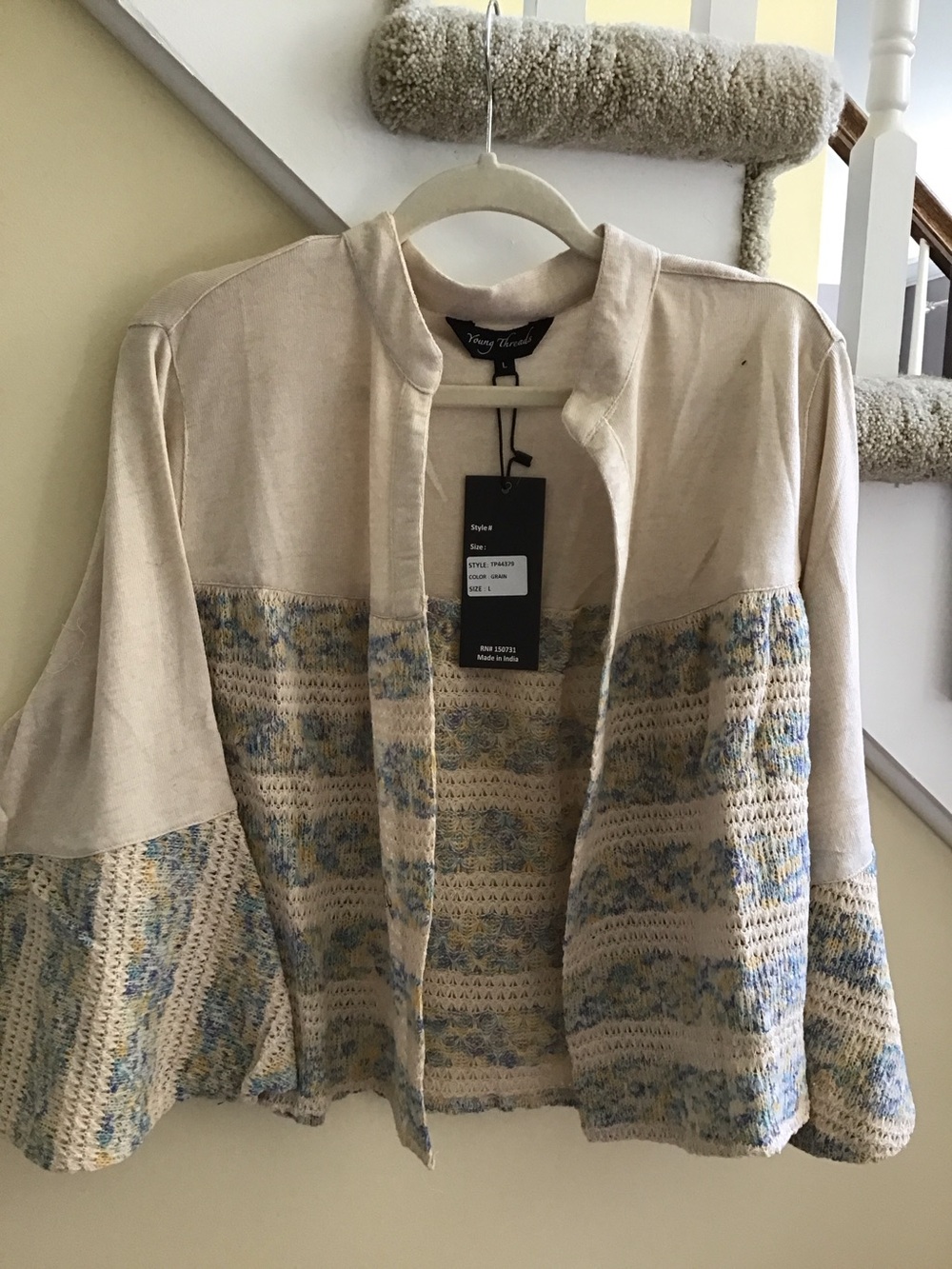 YOUNG THREADS NWT Cardigan Sweater Cream Blue Gold Med Lsrge